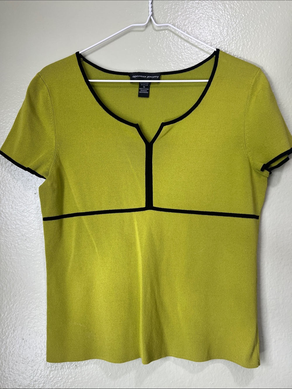 Spenser Jeremy Chartreuse Short Sleeve Knit Top with Black Trim